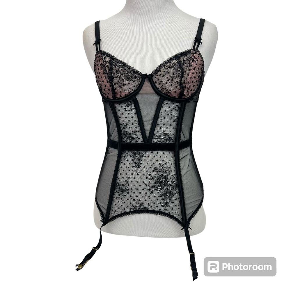 Victoria's Secret Black Lace Corset Small Pink Bustier Top Padded Underwire